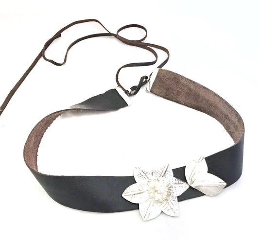 Wide black-plated silver and leather belt