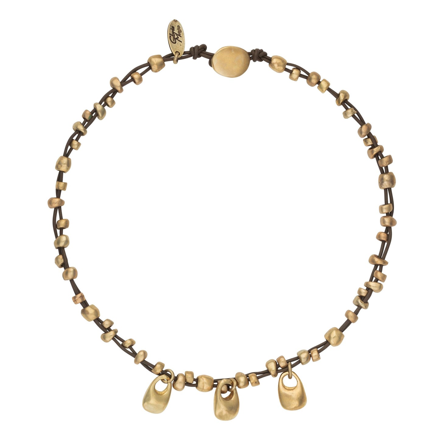 Leather necklace with golden teardrop pendants, 40cm long