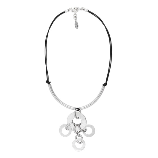 Multi-ring silver plated leather necklace 60cm