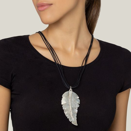 Long silver plated necklace Big Leaf silver black 80cm