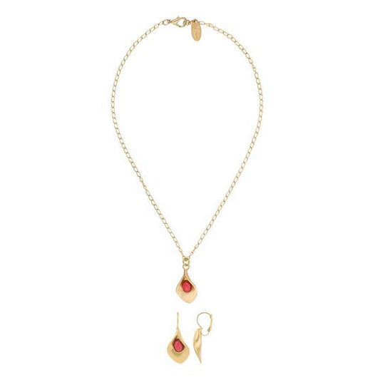 Conjunto colar-brinco dourado e bordô "Cala"