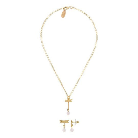 Conjunto de colar e brinco de libélula de quartzo rosa