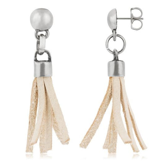 Silver earring with cream leather fringes