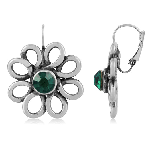 Silver Swarovski emerald flower earring
