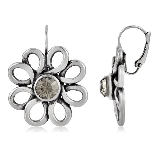 Silver Swarovski flower gray crystal earring