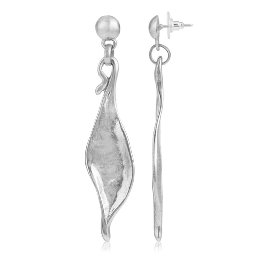 Long silver earring long silver plated leaf