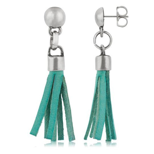 Silver leather earring with turquoise fringes