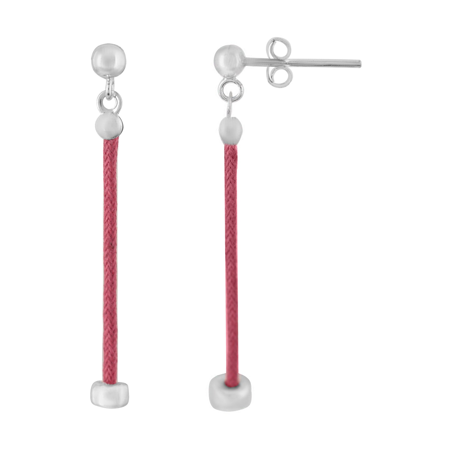 Infin silver earring with fuschia cord in 925 silver