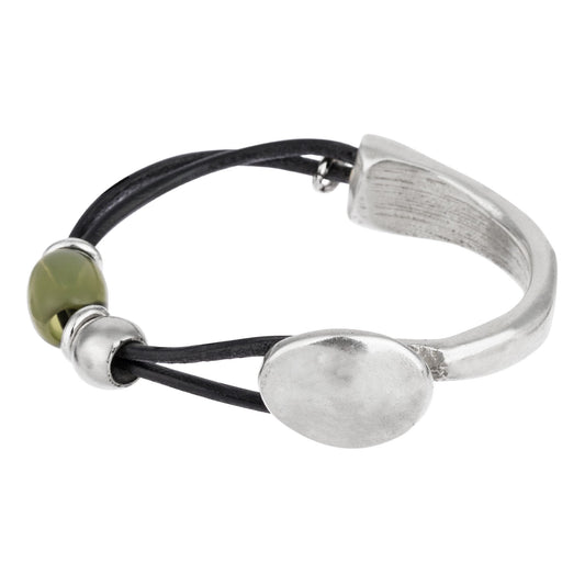 Silver and leather and resin bracelet Basic Olivine Bead