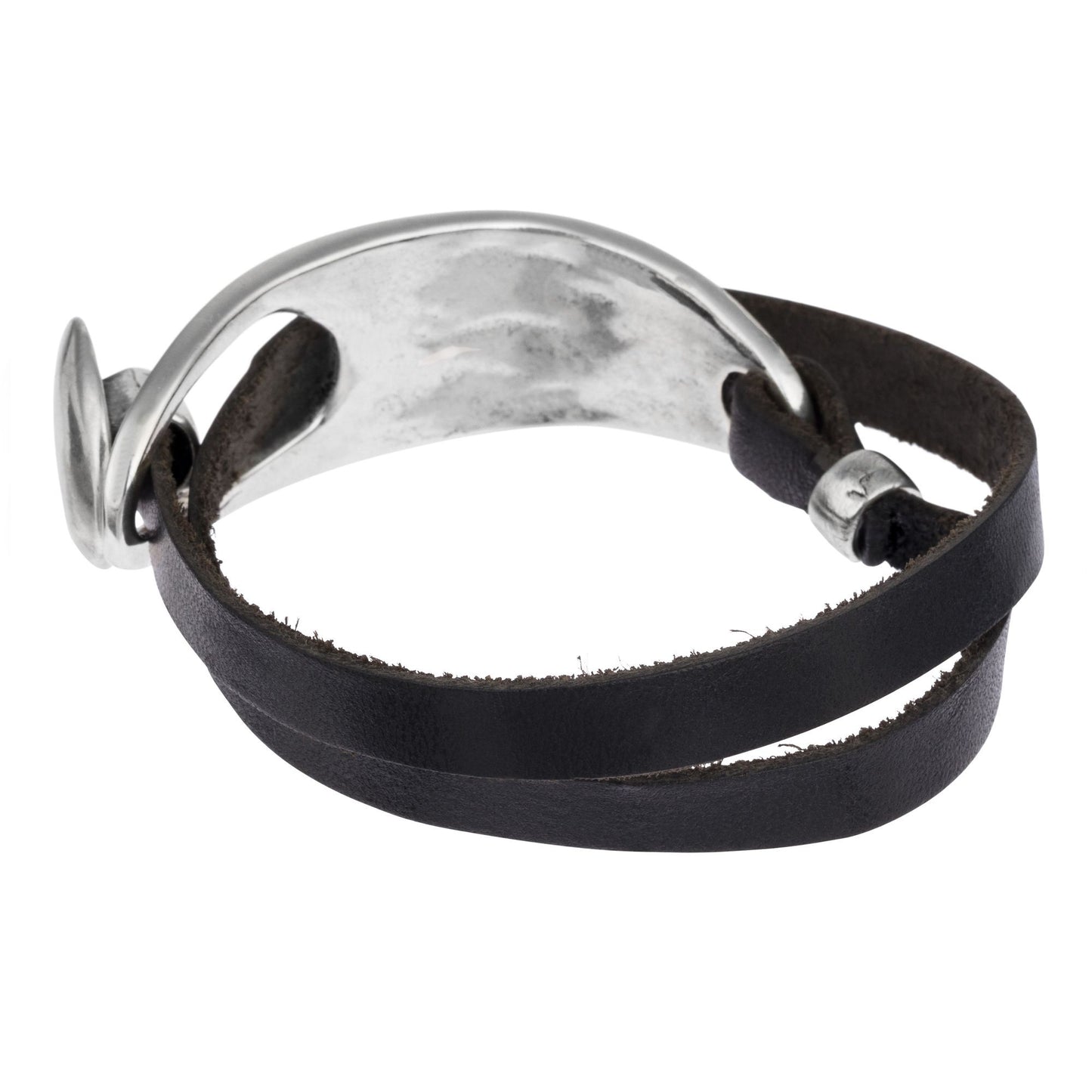 Black silver leather bracelet GD double turn