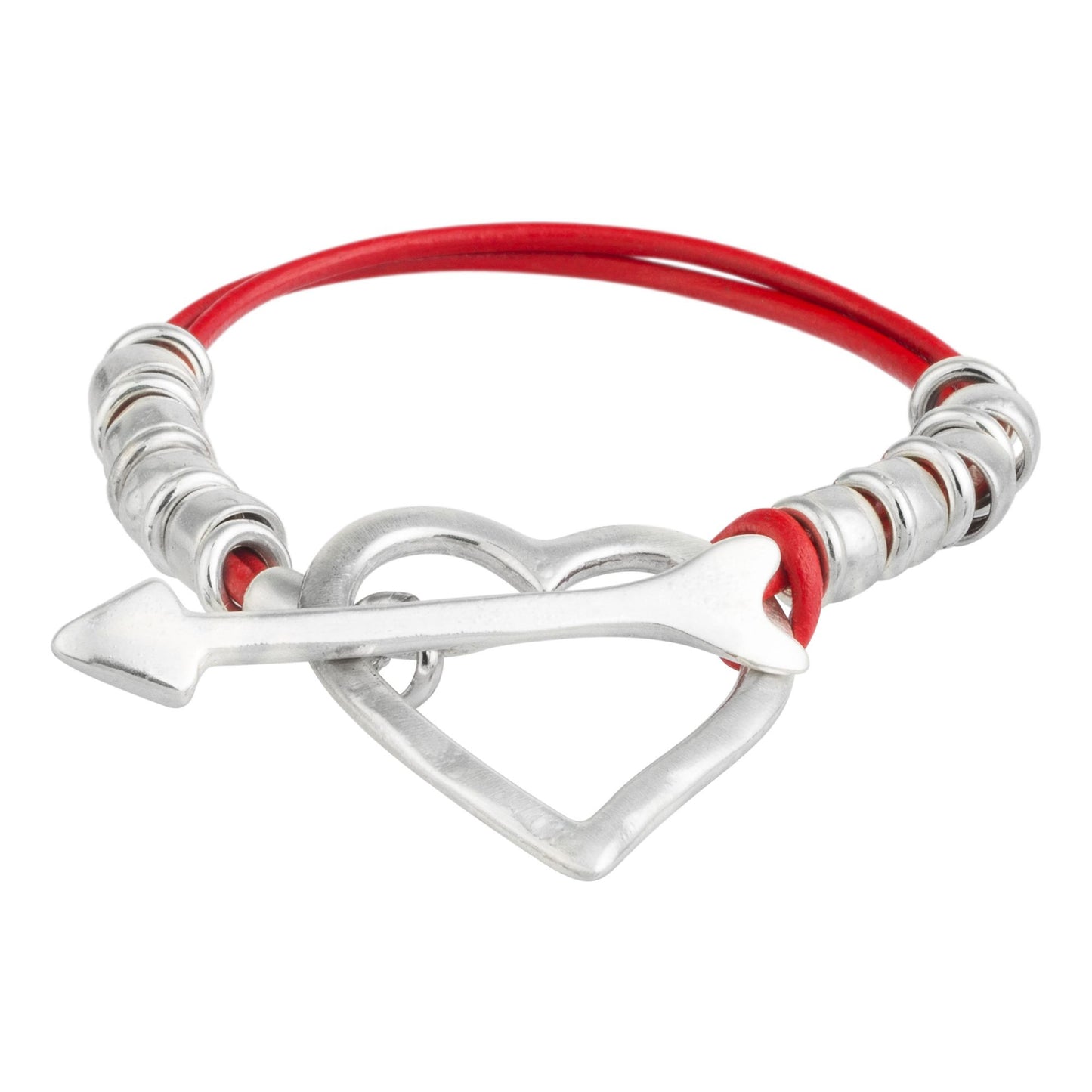 Red leather bracelet with silver plated heart clasp