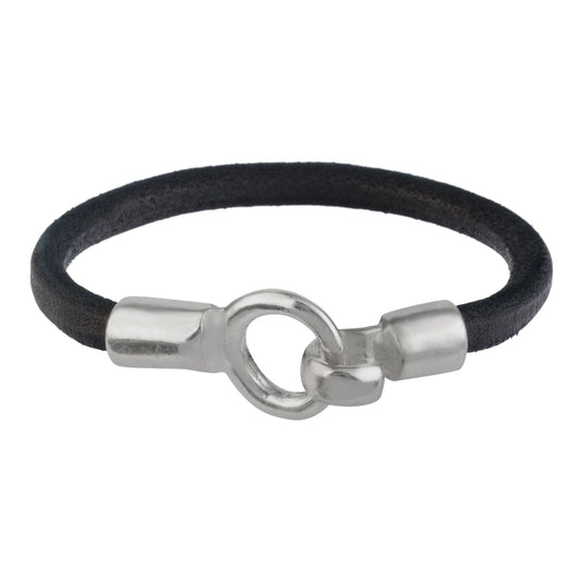 Black leather bracelet and silver plated hook closure