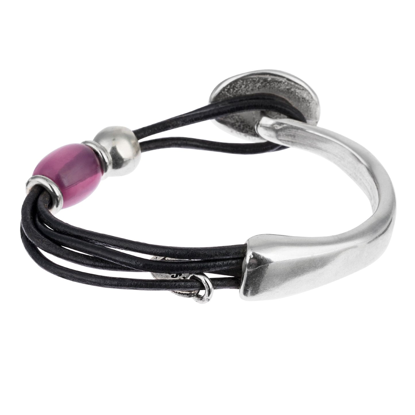 Black leather and silver plated amethyst resin bracelet