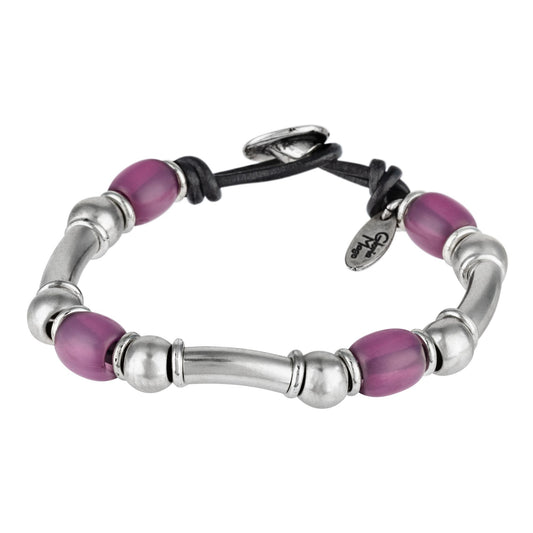 Leather and silver bracelet Liss amethyst resin