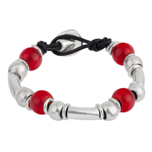 Leather and silver bracelet Liss red multibead