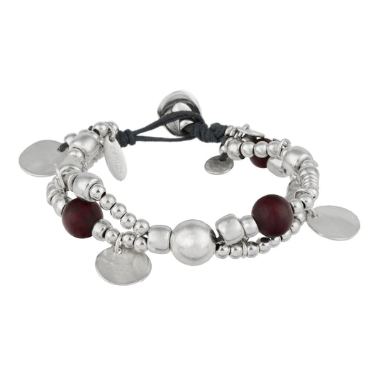 Multibead double bracelet in burgundy silver