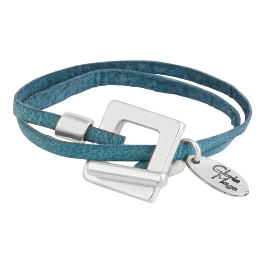 Square blue and silver plated double leather bracelet