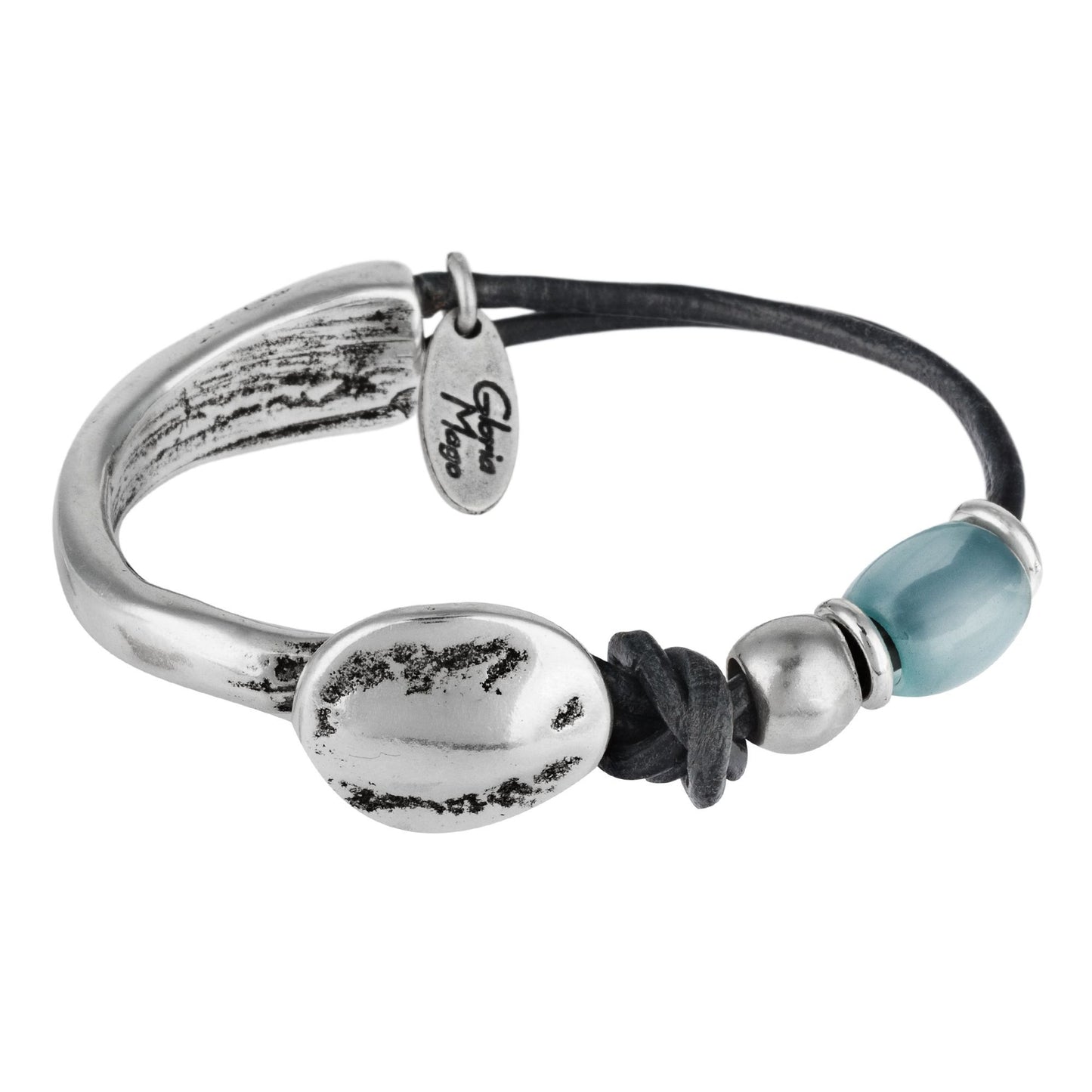 Zama aquamarine leather and silver plated bracelet